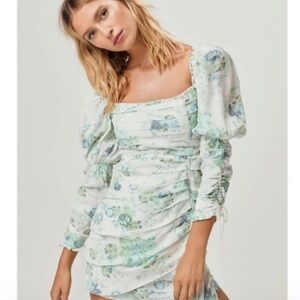For Love & Lemons Eileen‎ Floral Ruched Ruffle Mini Dress Small Green Blue L/S
